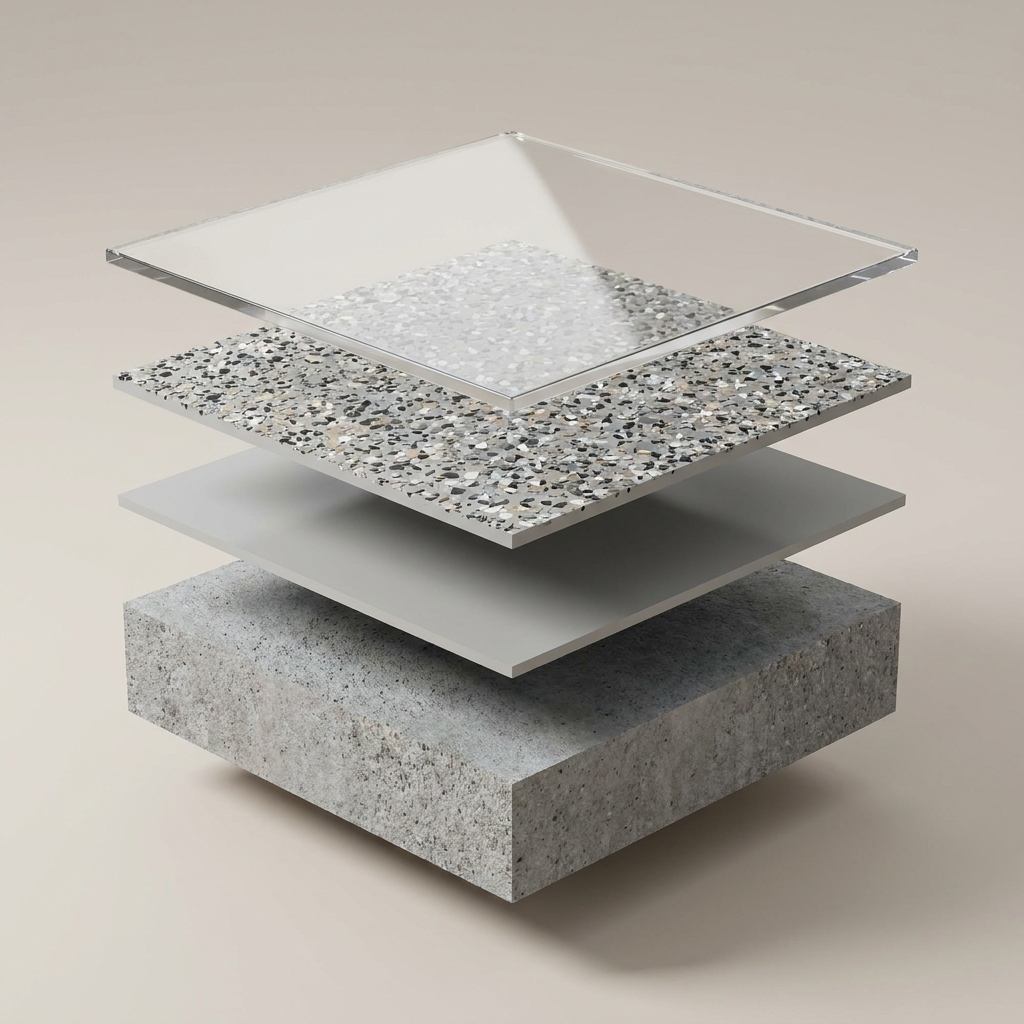 Exploded view of the Happy Slab four-layer floor system: diamond-ground concrete, epoxy base coat, full color flake, and a clear UV-stable polyaspartic topcoat